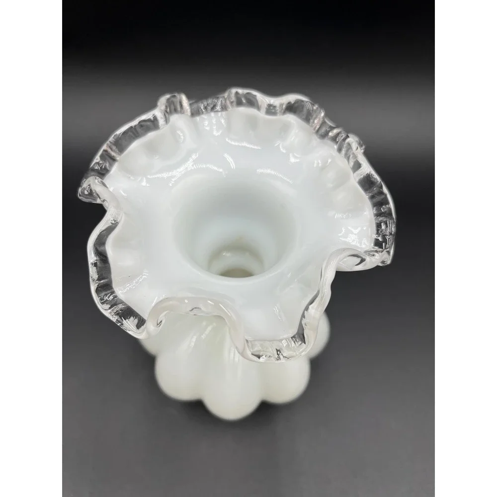 Fenton Silver Crest Milk Glass Melon Vase: Crimped Edge Flower Vase